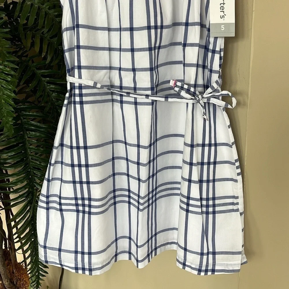 Brand New Carter’s White Blue Plaid Dress w/ Pink Tassels Tie Waist Lined Casual